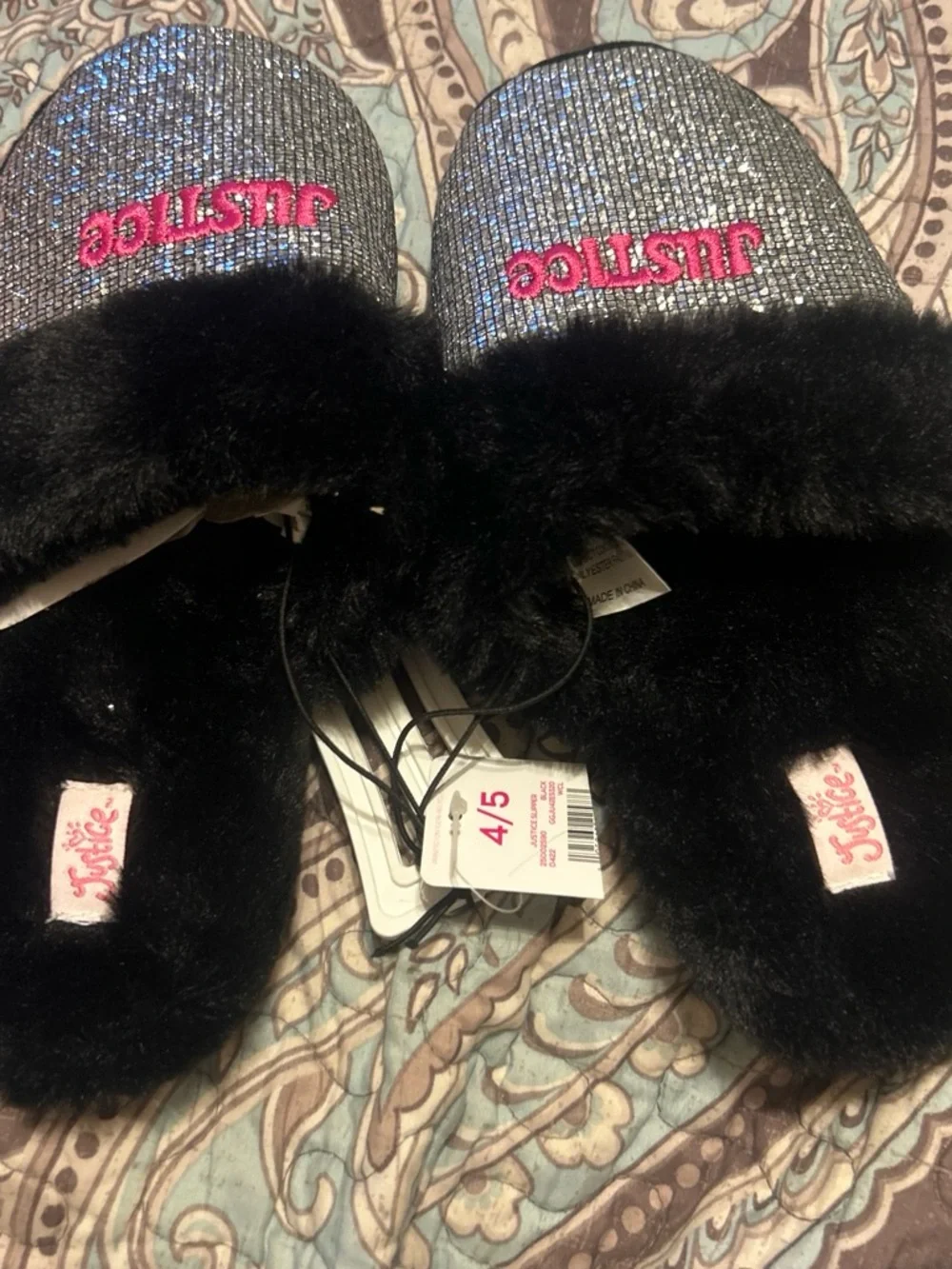 Justice Black Sparkle Slippers with Pink Logo